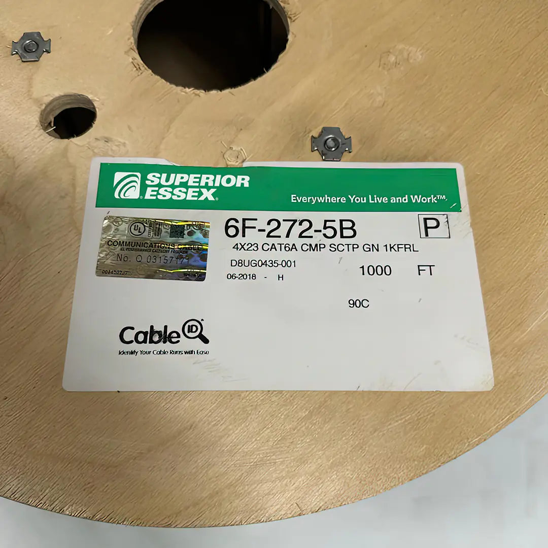 A close-up of the specification label on the Superior Essex Cat6A cable spool