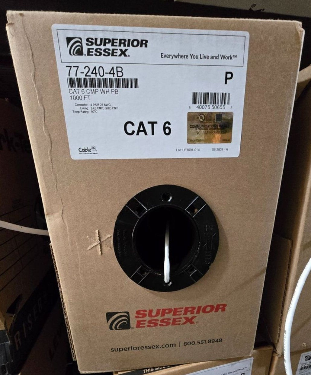 SUPERIOR ESSEX 77-240-4B Cat6 Plenum White Pull Box 1000 Feet UL Listed USA-Made Solid Copper Cable