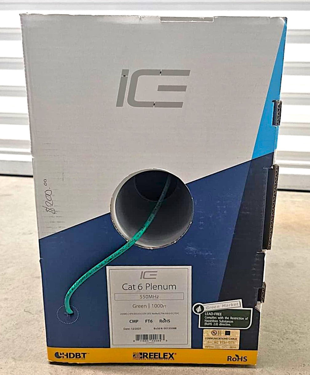 Front of the ICE Cat6 Plenum pull box showing the green cable and its 1000ft specification label