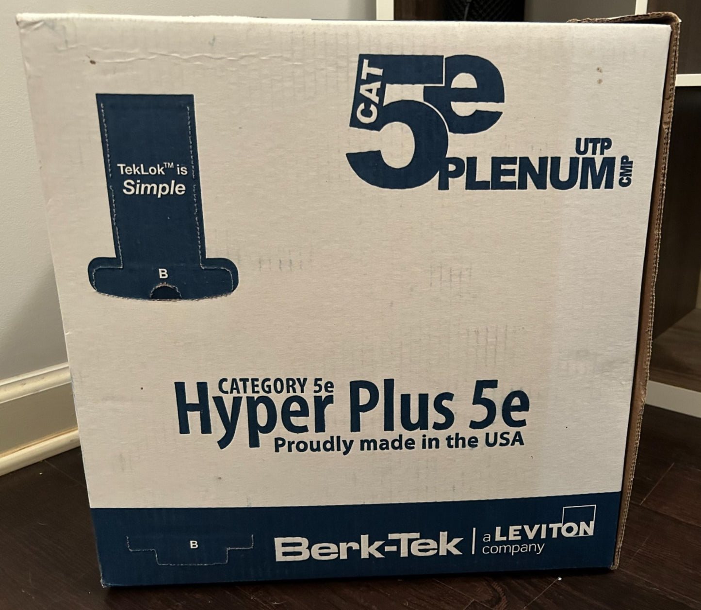 Front of the Berk-Tek HyperPlus 5e box highlighting the Cat 5e Plenum UTP rating