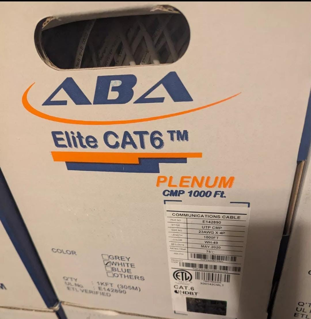 Stack of ABA Elite CAT6 Plenum 1000ft ethernet cable boxes in a warehouse setting.