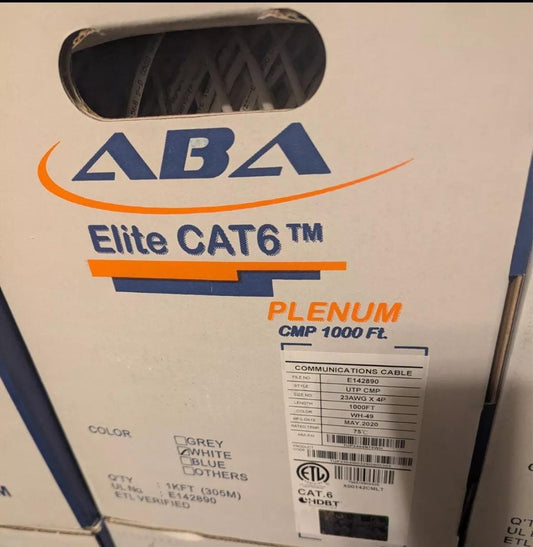 Stack of ABA Elite CAT6 Plenum 1000ft ethernet cable boxes in a warehouse setting.