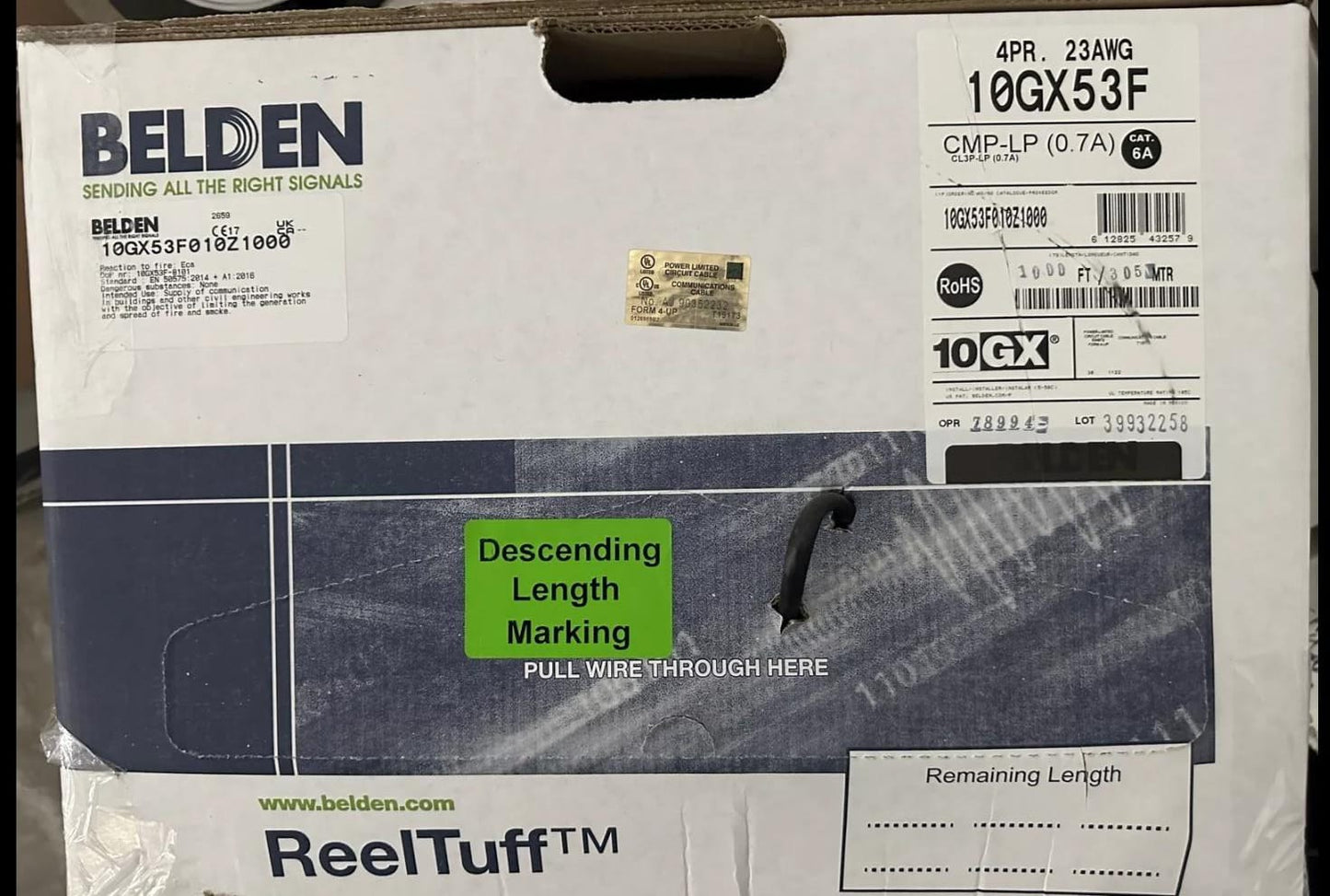 The product label on the Belden 10GX53F Cat6A plenum cable box