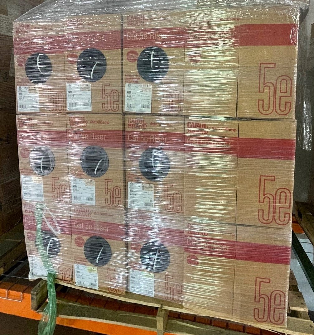 A full pallet of Carol Brand Cat5e Riser cable boxes ready for shipping