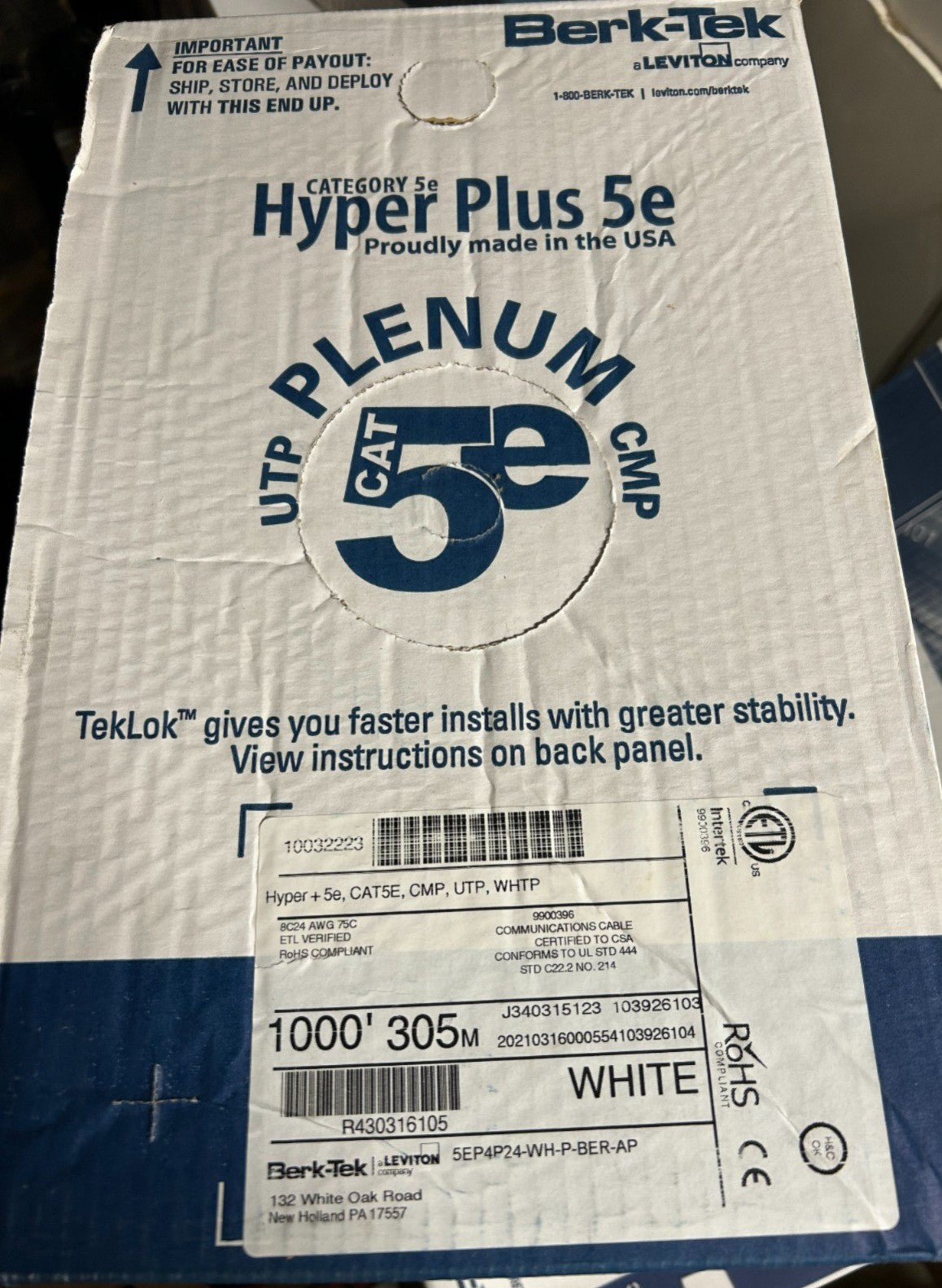 The Berk-Tek HyperPlus 5e plenum cable box, showing the product label for the 1000ft white cable