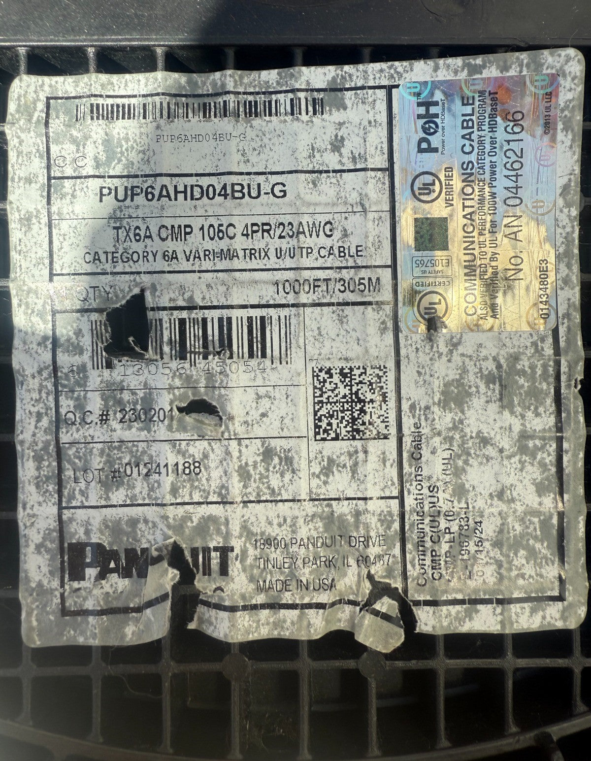 Cat6A Plenum Panduit TX6A PUP6AHD04BU-G 23AWG Blue 1000ft Cable