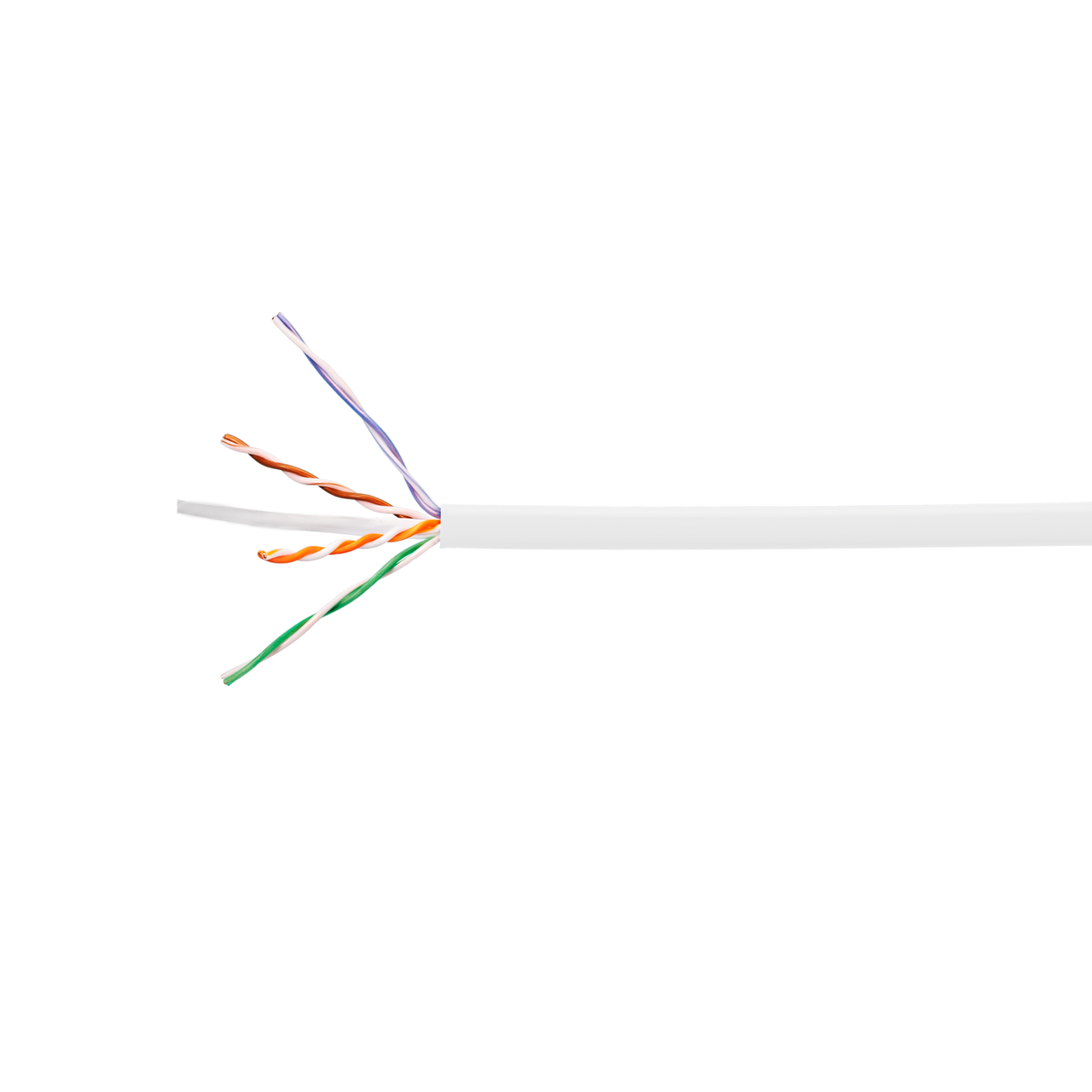 Cross-section of the Vextra Cat6 solid copper cable showing the white outer jacket and internal twisted wire pairs.
