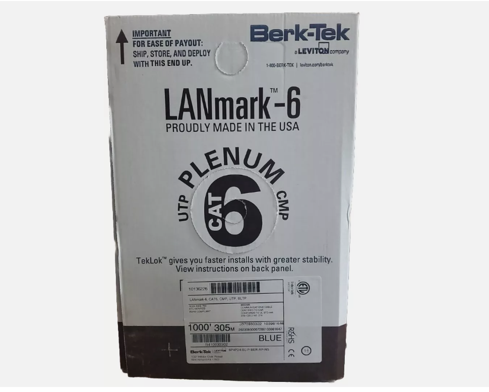 Angled view of the Berk-Tek LANmark-6 CAT6 Plenum cable box packaging.