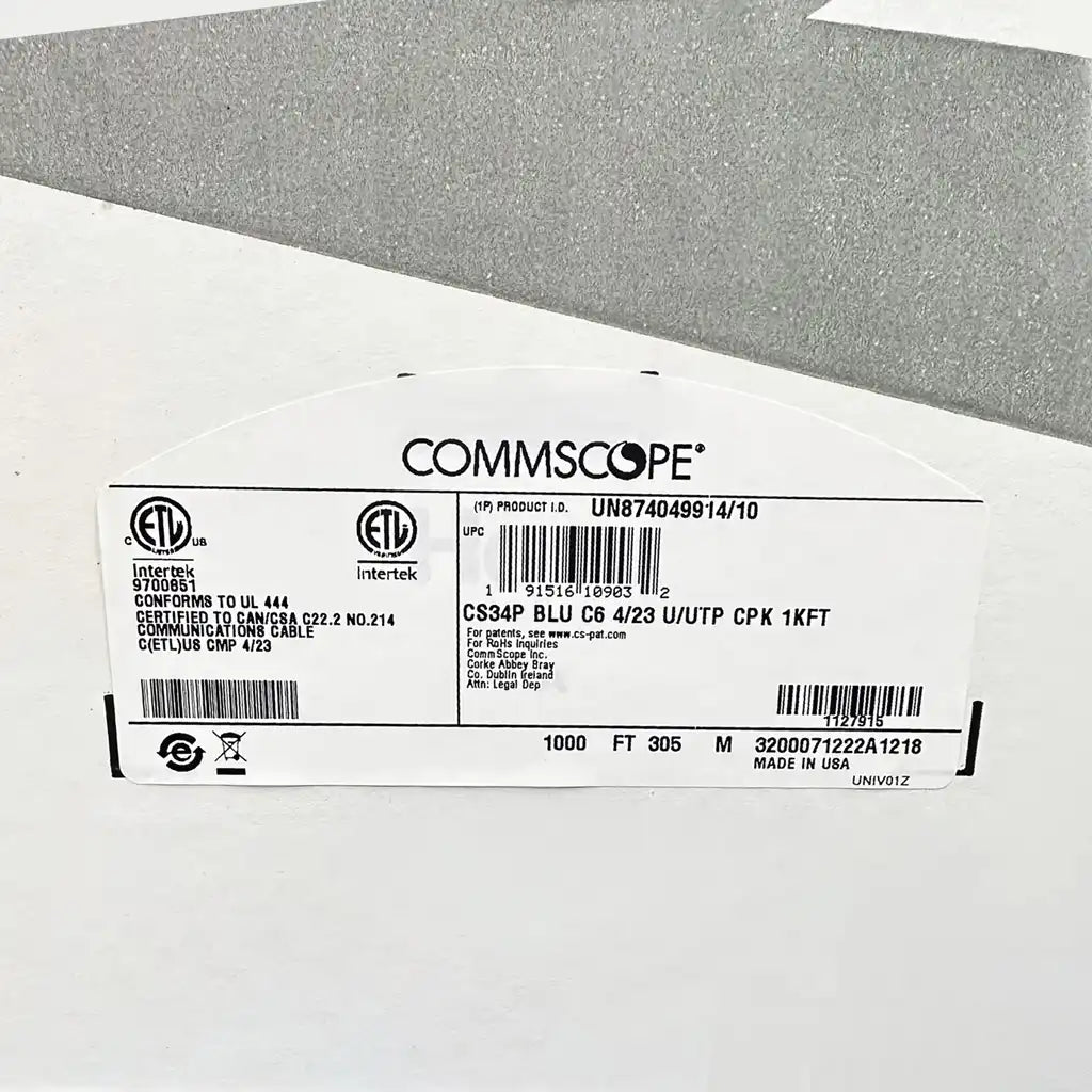 Cat6 Plenum CommScope CS34P Solid Copper 1000ft USA Made Blue Cable