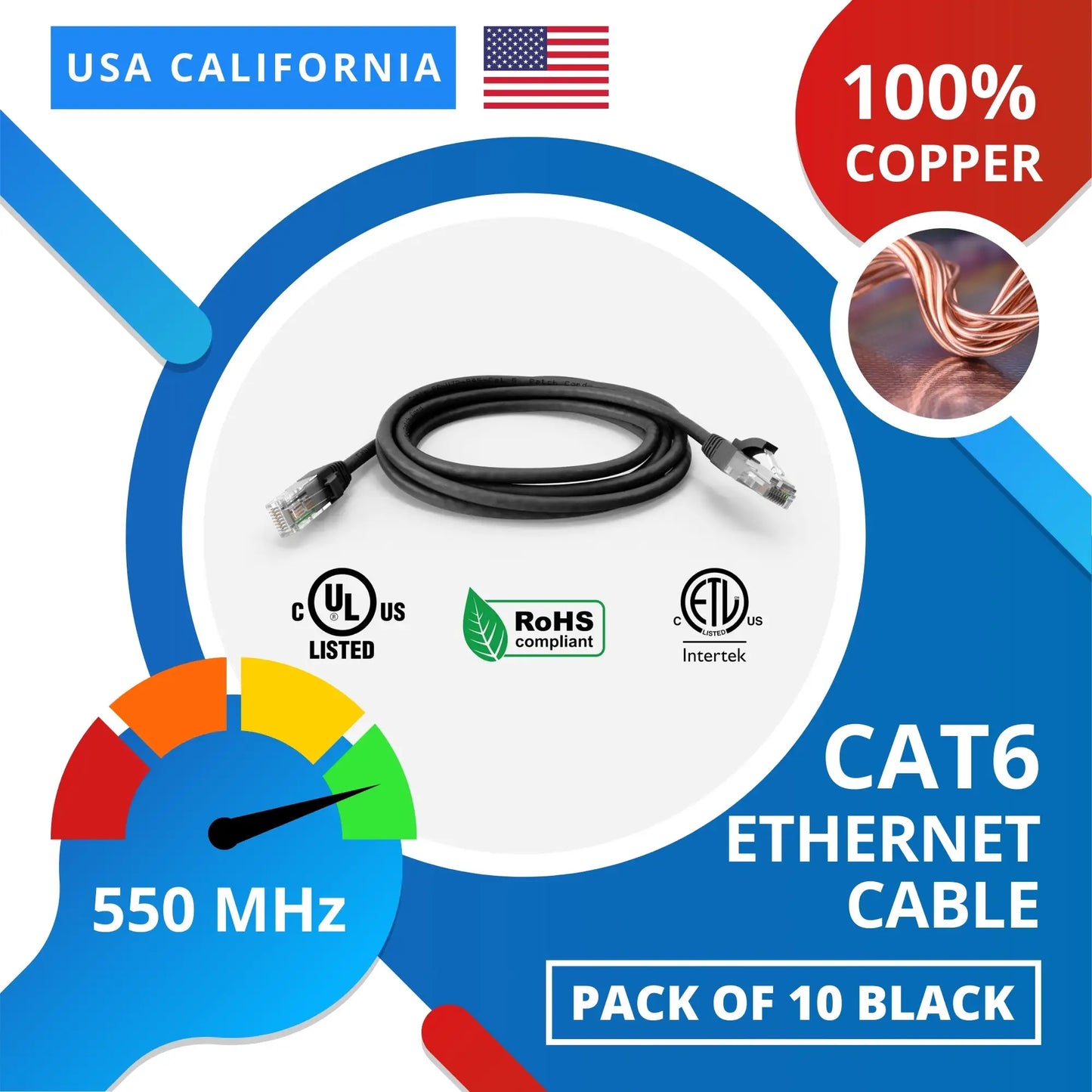 Black Cat6 Cord, Booted Ethernet Cable
