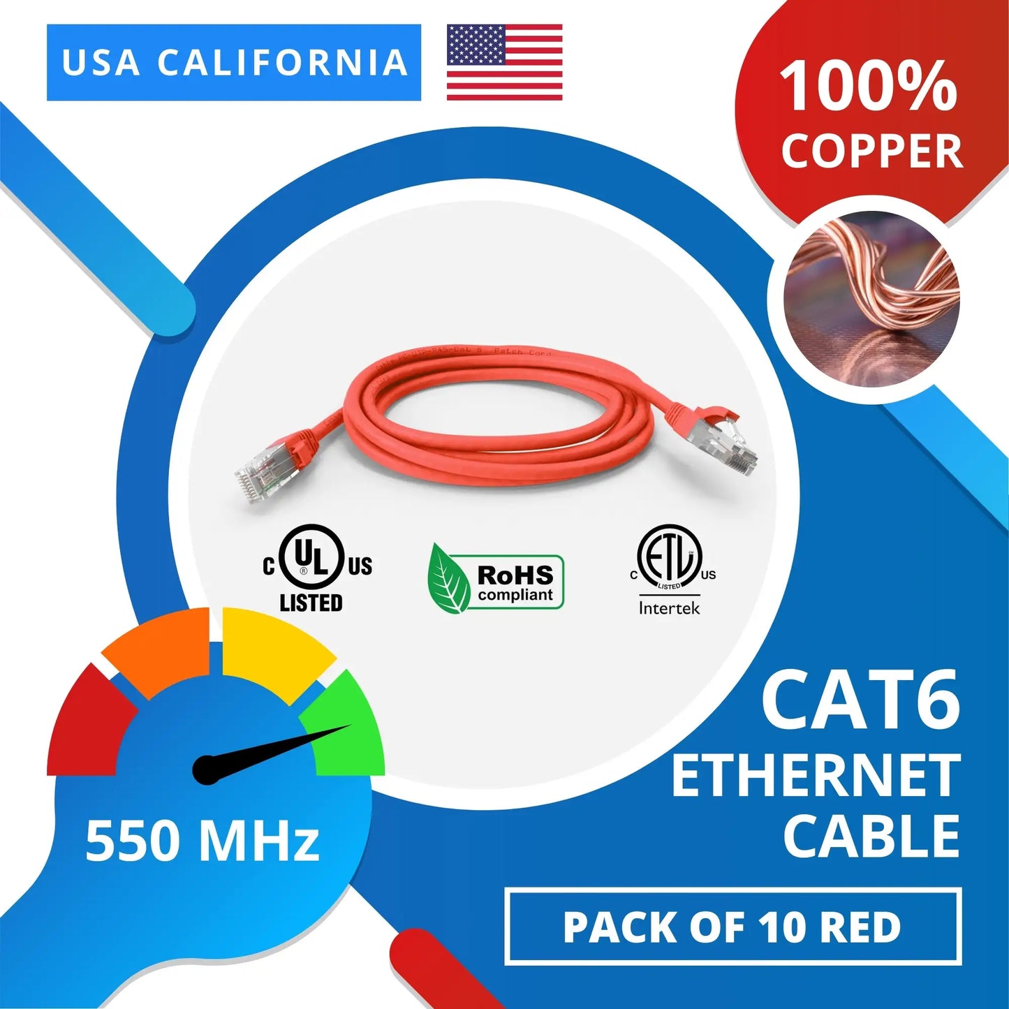 Red Cat6 Cord, Booted Ethernet Cable