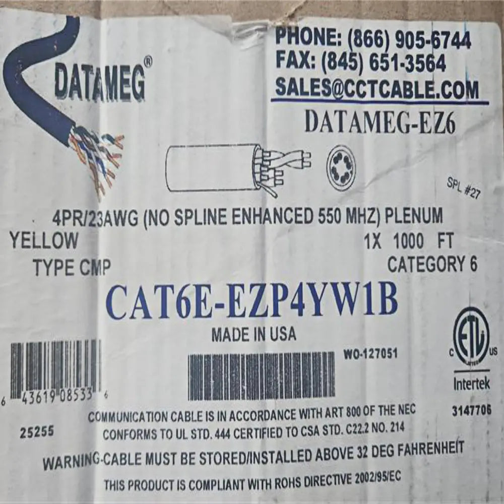 Cat6E Plenum CCTCable EZP4YWIB 550MHz No Spline UTP 23AWG 1000ft ETL Certified Solid Copper Yellow Ethernet Cable