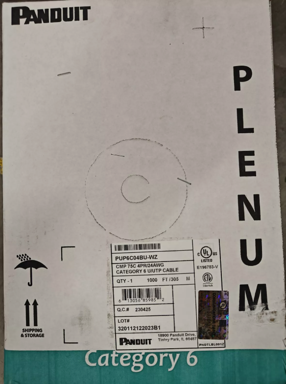 The product label on the Panduit PUP6C04BU-WZ Cat6 Plenum cable box