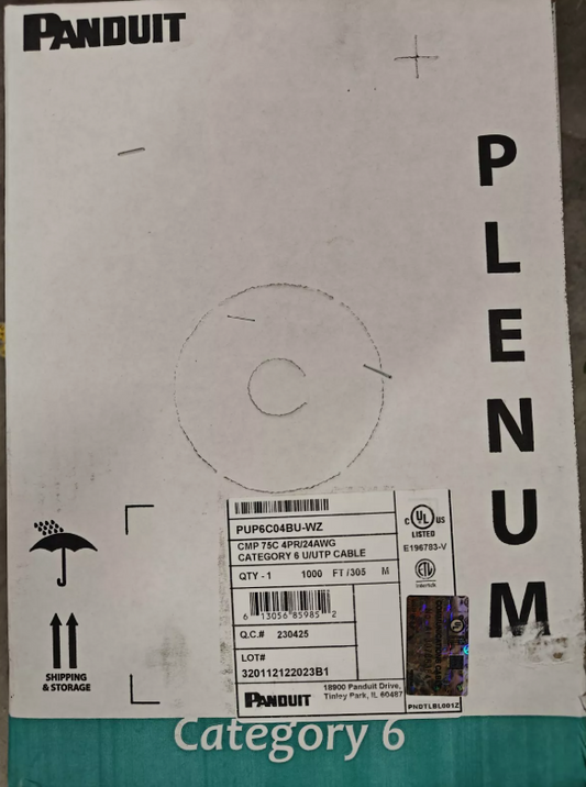 The product label on the Panduit PUP6C04BU-WZ Cat6 Plenum cable box