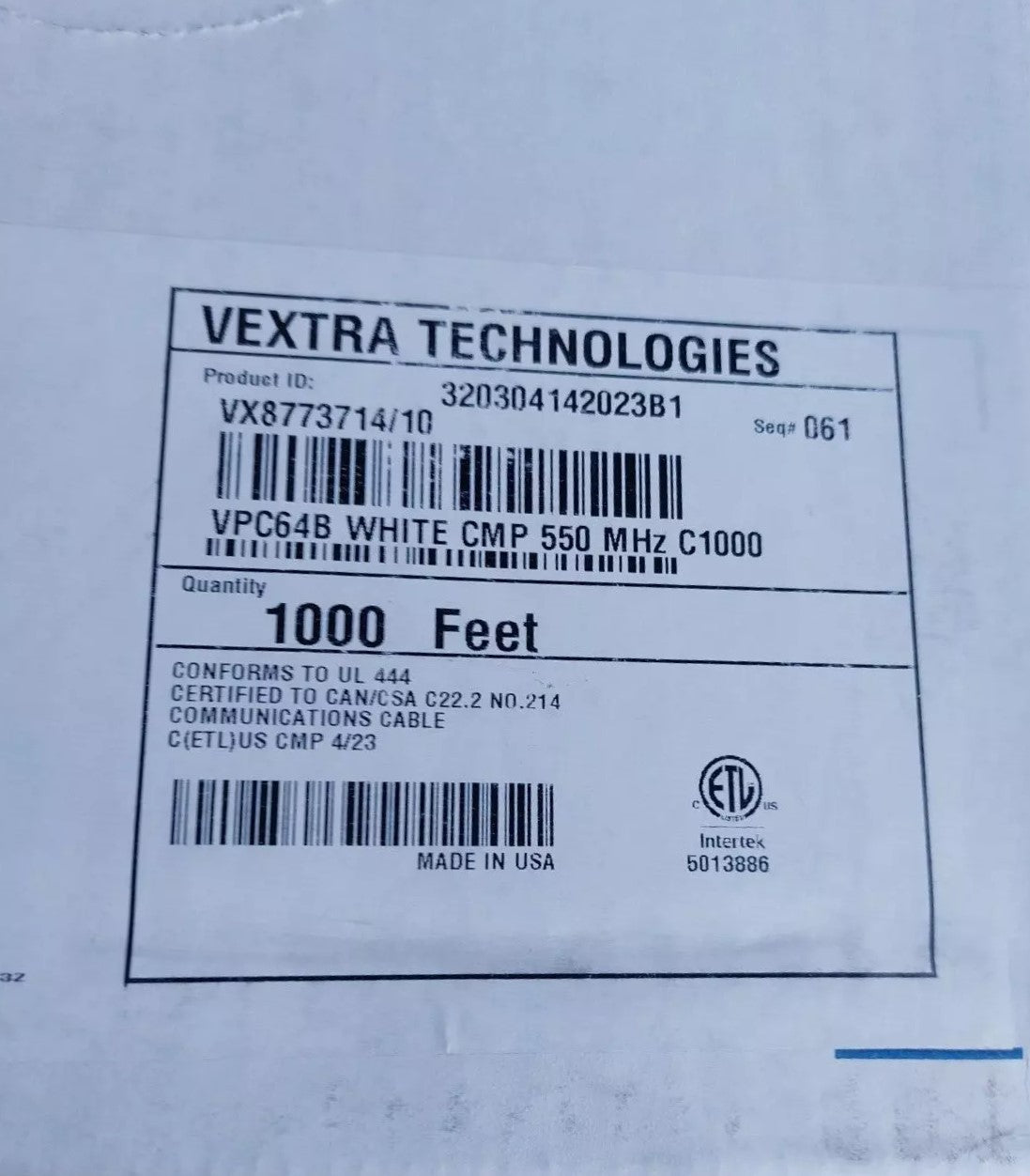 The Vextra Cat6 1000ft cable pull box, featuring the Vextra logo and Made in USA branding.
