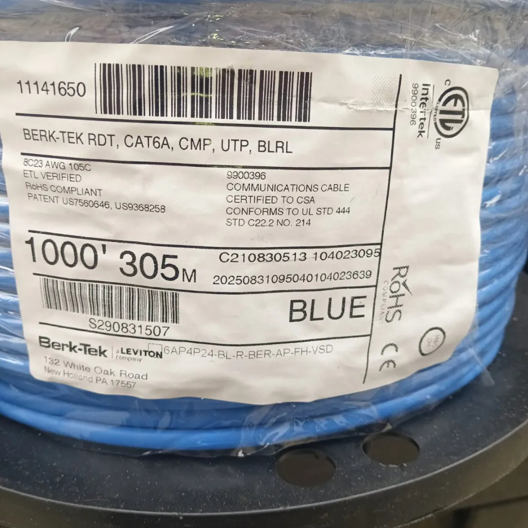 BERK-TEK | RDT 11141650 CAT6A Plenum Blue 1000ft 750MHz REDUCED DIAMETER Ethernet Cable