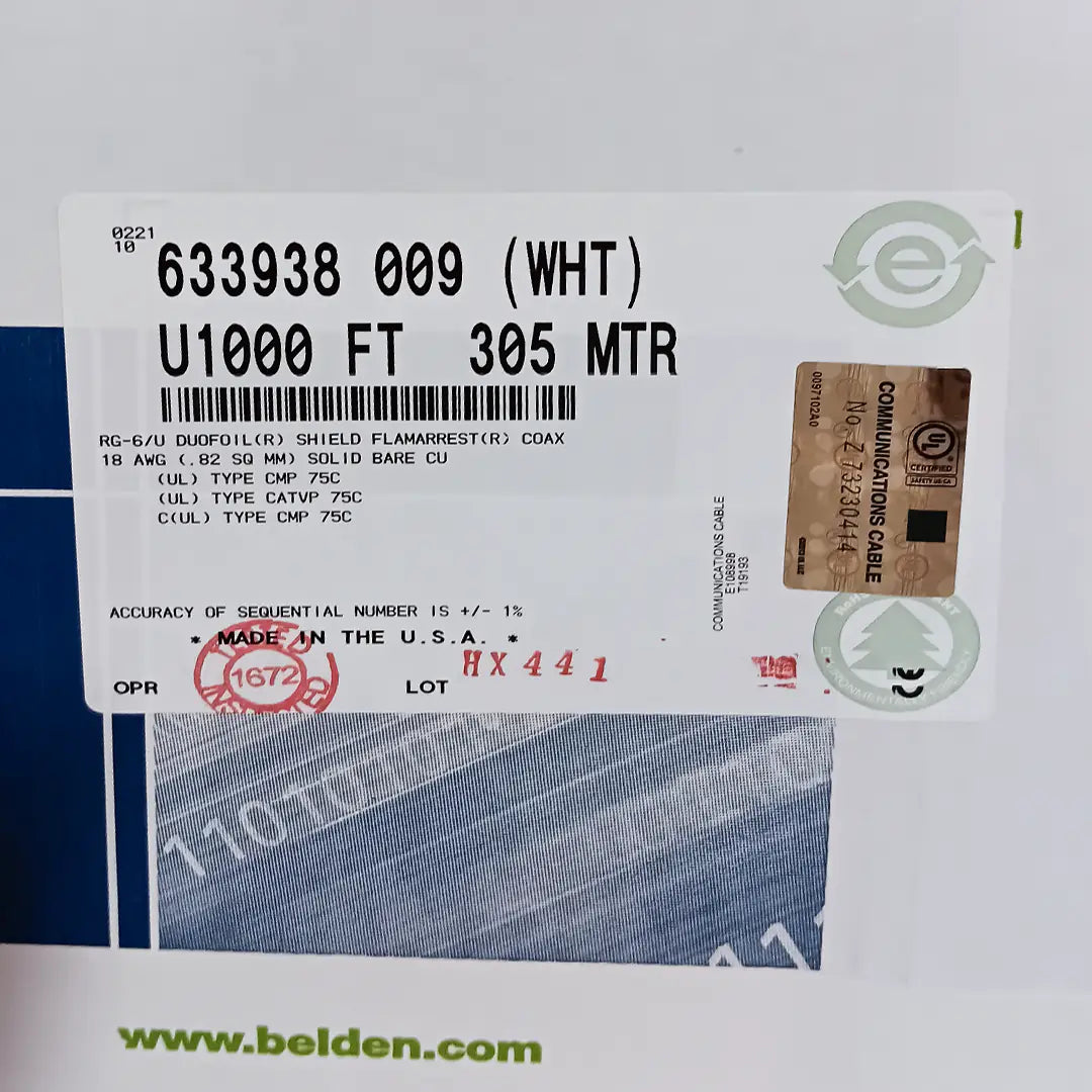 Belden 633938 RG6 Plenum CATV MATV Duofoil Braid 1000ft Coax Cable Info