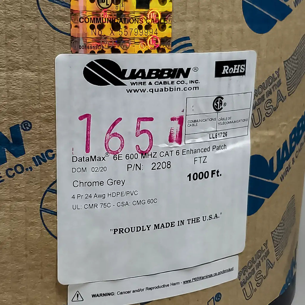 Cat6 Riser Quabbin 2208 Datamax 24AWG UTP UL Listed Grey 1000ft Cable