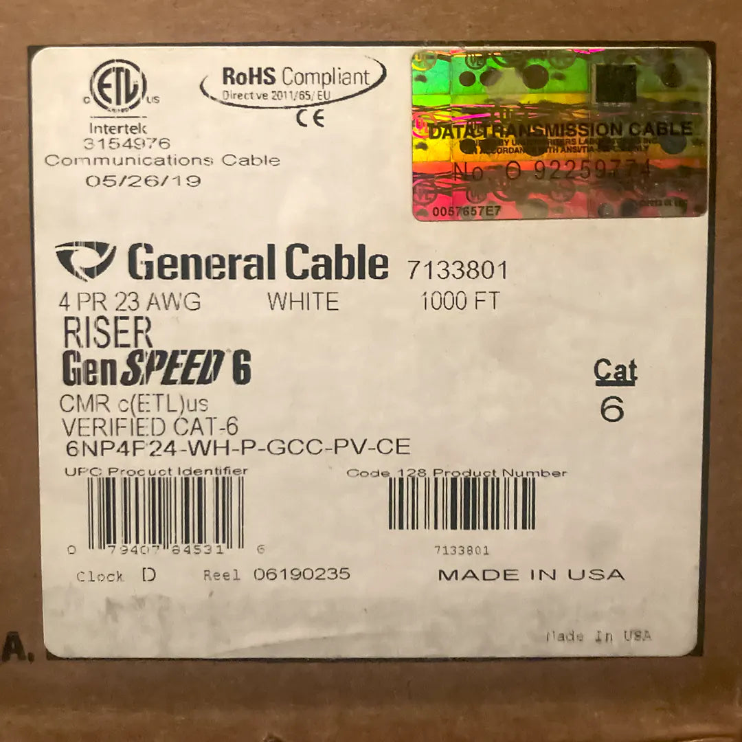 General Cable data transmission cable label with product details on a brown background
GenSPEED 7133801 Cat6 Riser 23AWG White 1000ft Solid Copper Ethernet Cable