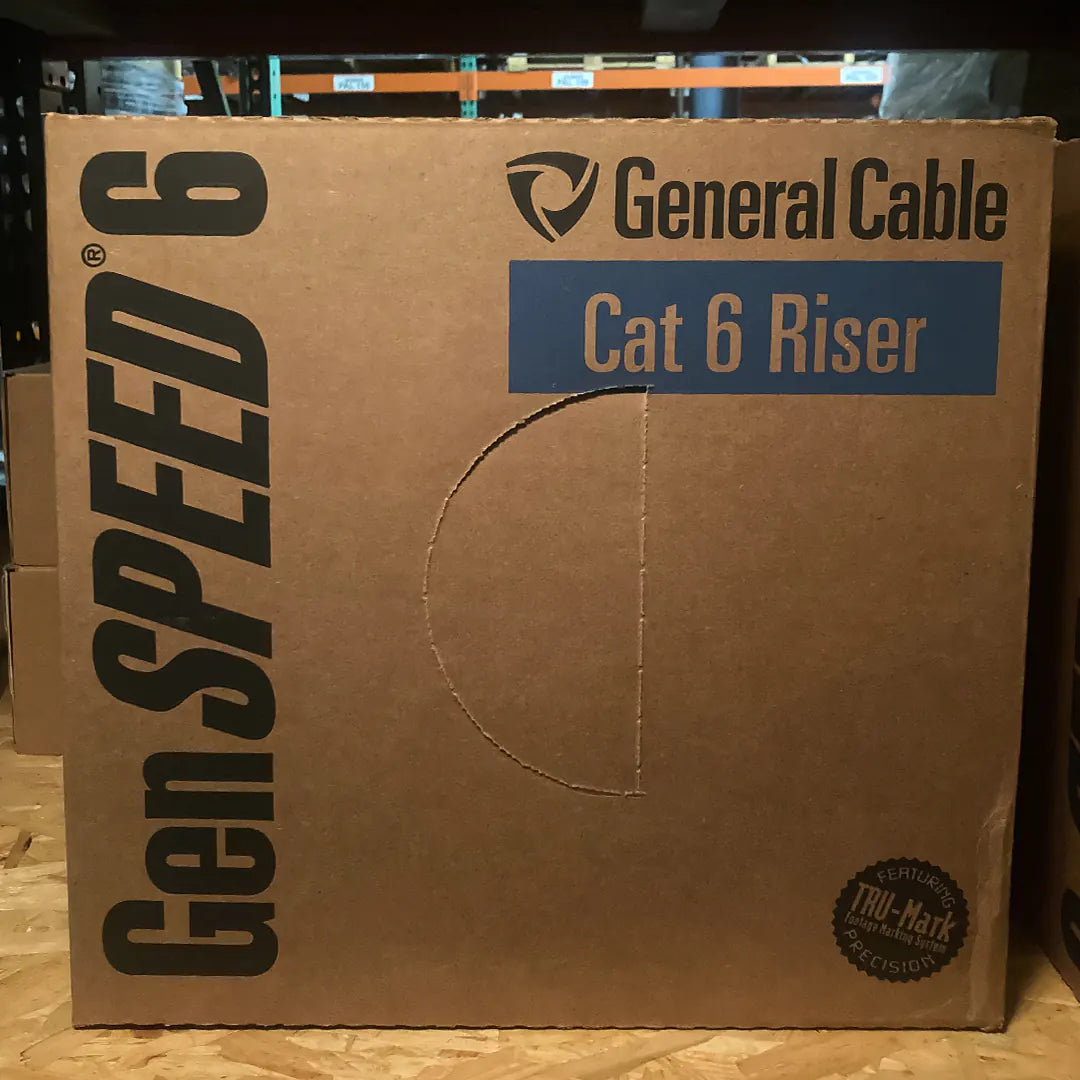 Cardboard box with 'General Cable' and 'Gen Speed' branding on a wooden surface.
GenSPEED 7133801 Cat6 Riser 23AWG White 1000ft Solid Copper Ethernet Cable