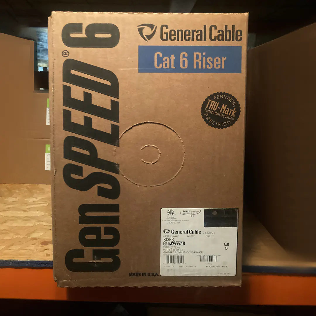 Cardboard box of General Cable GenSPEED 6 Cat 6 Riser cable on a wooden surface.
GenSPEED 7133801 Cat6 Riser 23AWG White 1000ft Solid Copper