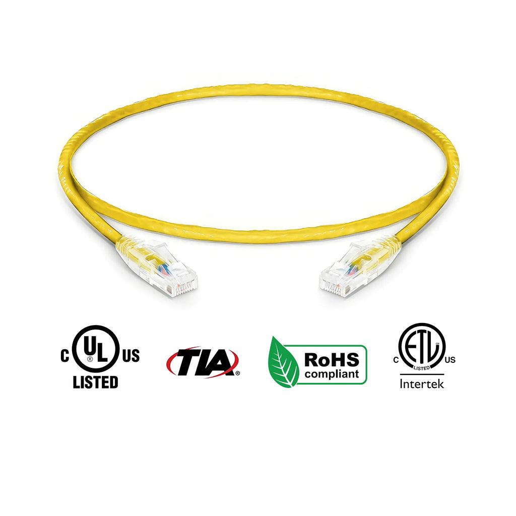 Cat6A Patch Cable Bare Copper Snagless 24 AWG Yellow 550Mhz UL Listed