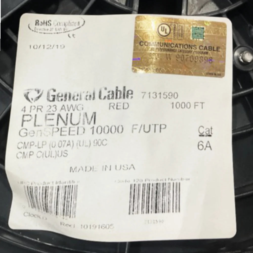 Cat6A Plenum GenSPEED 6A F/UTP USA Made 23AWG 1000ft Ethernet Cable