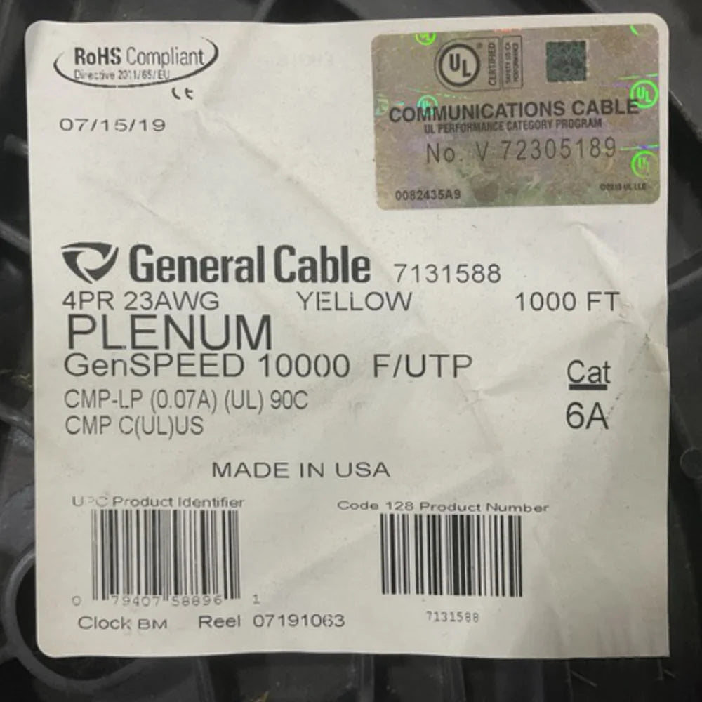 Cat6A Plenum GenSPEED 71315XX F/UTP 23AWG 1000ft Solid Copper Ethernet Cable