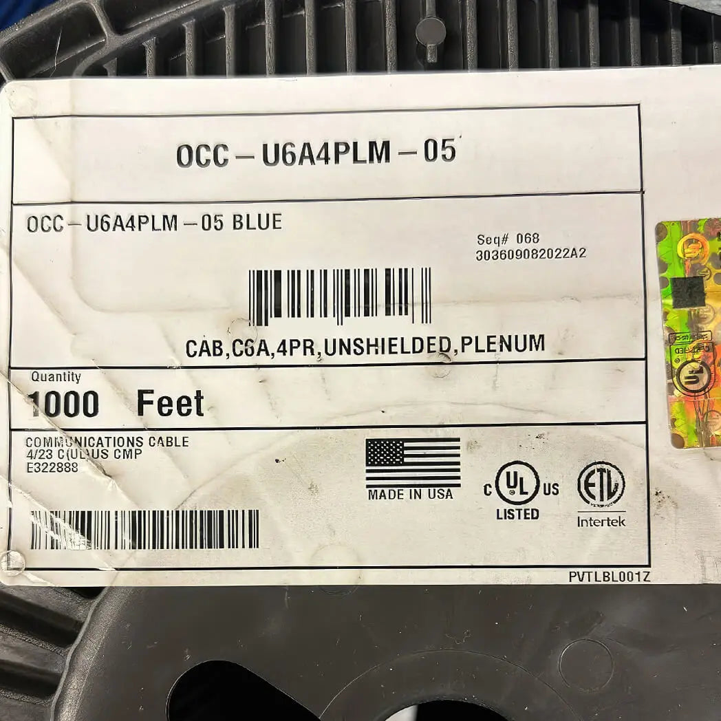CAT6A Plenum (CMP) UTP Blue, OCC, UL Listed Cable Info
