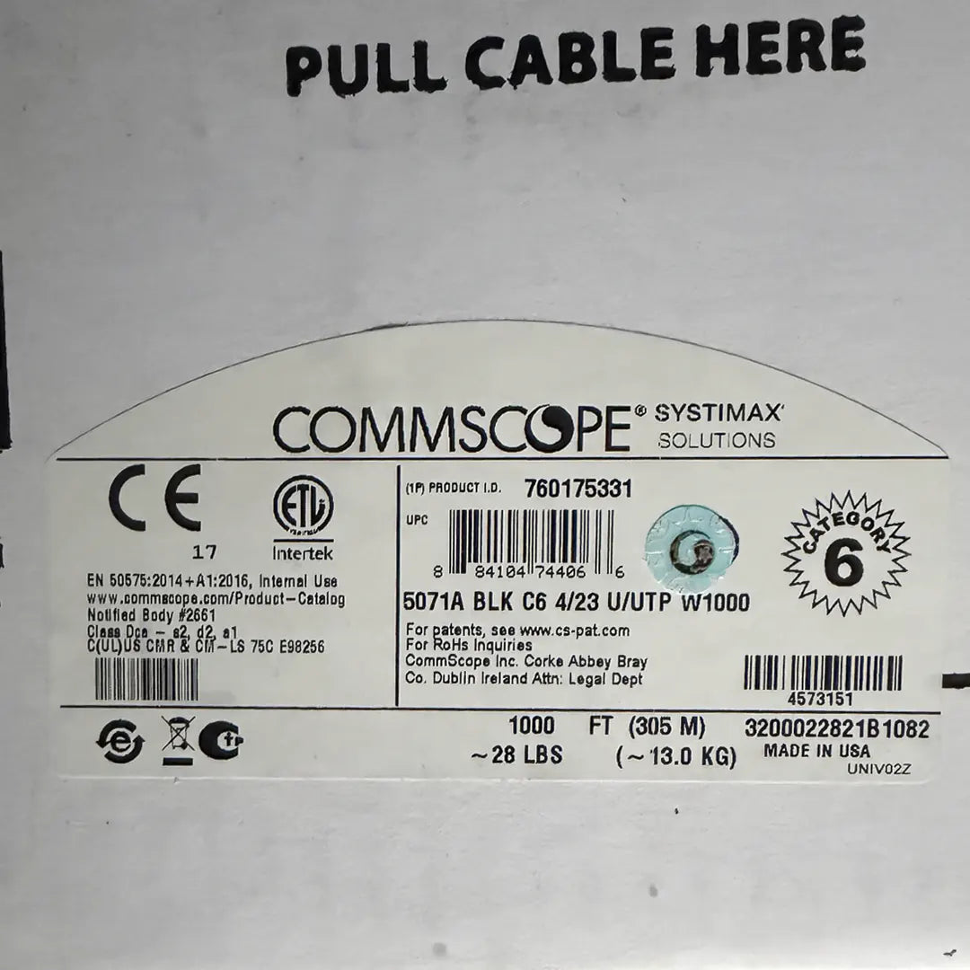 Commscope Systimax cable label on a white background
CommScope 760175331 GigaSPEED XL 5071A Cat6 Riser 23AWG 