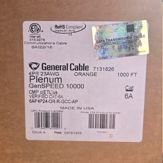 GenSPEED 7131826 Cat6A Plenum 23AWG Solid Copper UTP 1000ft Orange Ethernet Cable