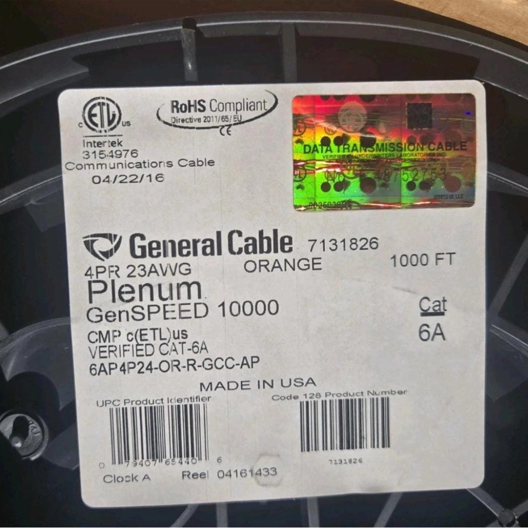 GenSPEED 7131826 Cat6A Plenum 23AWG Solid Copper UTP 1000ft Orange Ethernet Cable