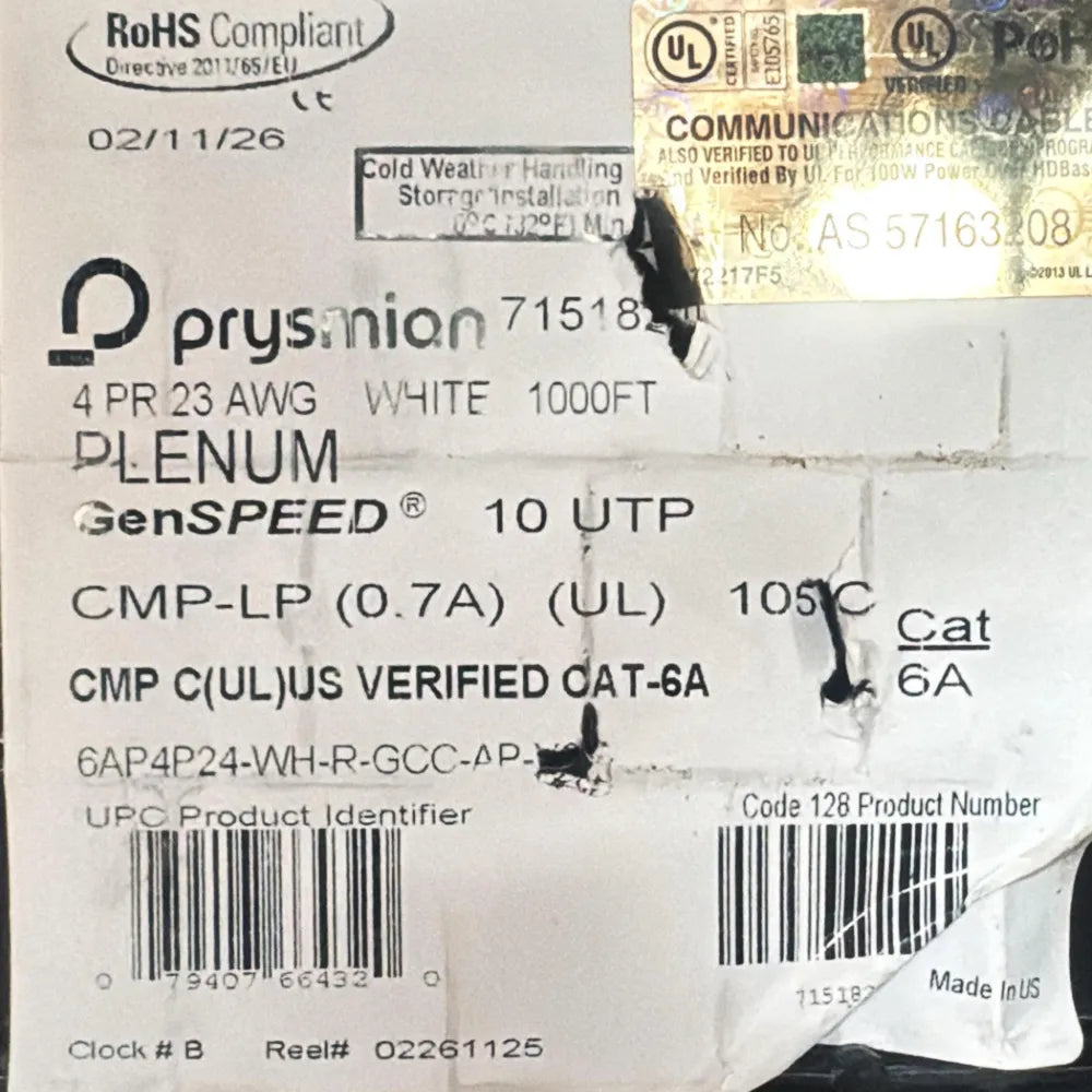 GenSPEED 7151820 Cat6A Plenum 23AWG White 1000ft Solid Copper Ethernet Cable