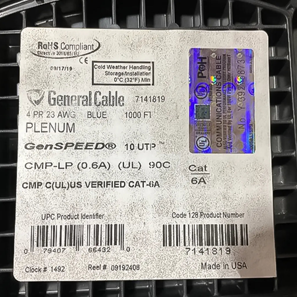 GenSPEED 7141819 Cat6A Plenum Solid Copper 1000ft UTP Blue Cable