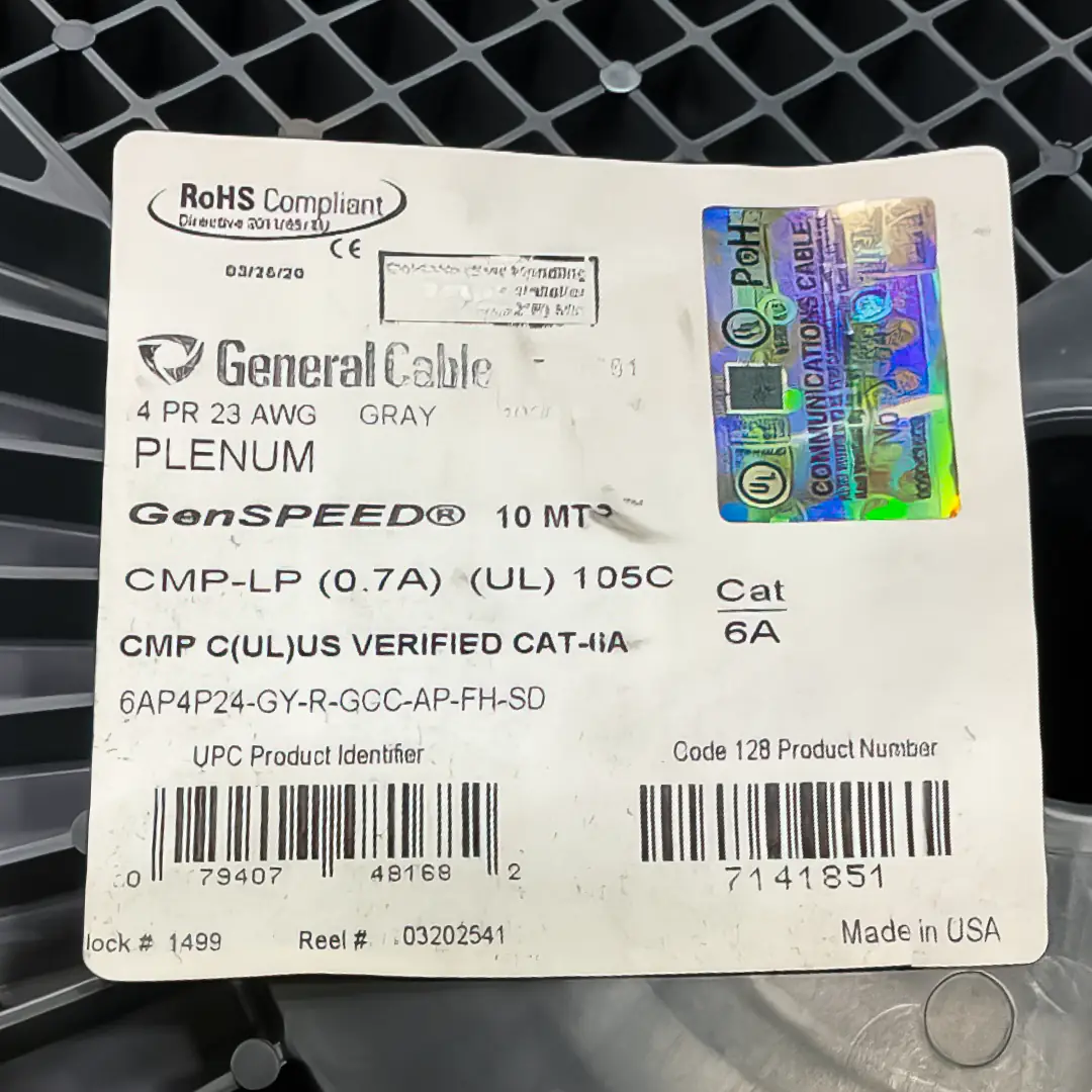 GenSPEED 7141851 Cat6A Plenum Solid Copper 1000ft UTP Gray Ethernet Cable