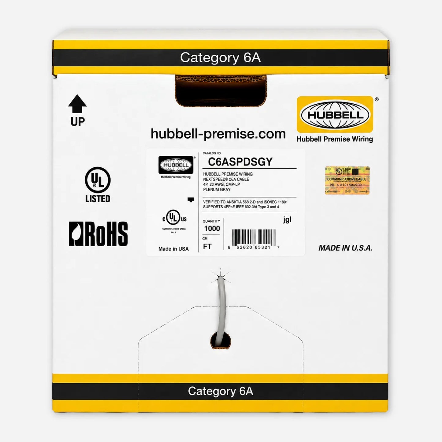 Hubbell C6ASPDSW, C6ASPDSB, C6ASPDSGY, NEXTSPEED CAT6A Plenum 23AWG RD Solid Copper CMP UTP 1000ft Ethernet Cable (RIB)