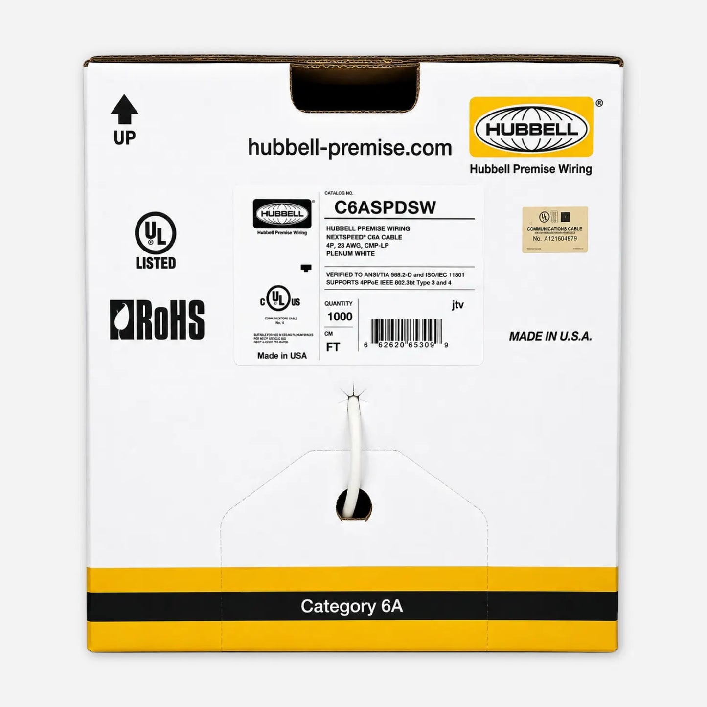 Hubbell C6ASPDSW, C6ASPDSB, C6ASPDSGY, NEXTSPEED CAT6A Plenum 23AWG RD Solid Copper CMP UTP 1000ft Ethernet Cable (RIB)