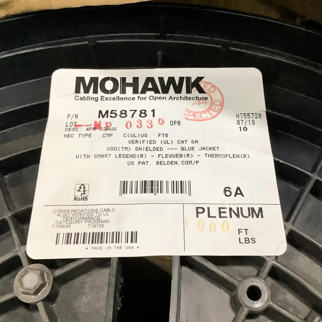 Mohawk M58781 Cat6A Plenum Blue F/UTP Ethernet UL listed Cable