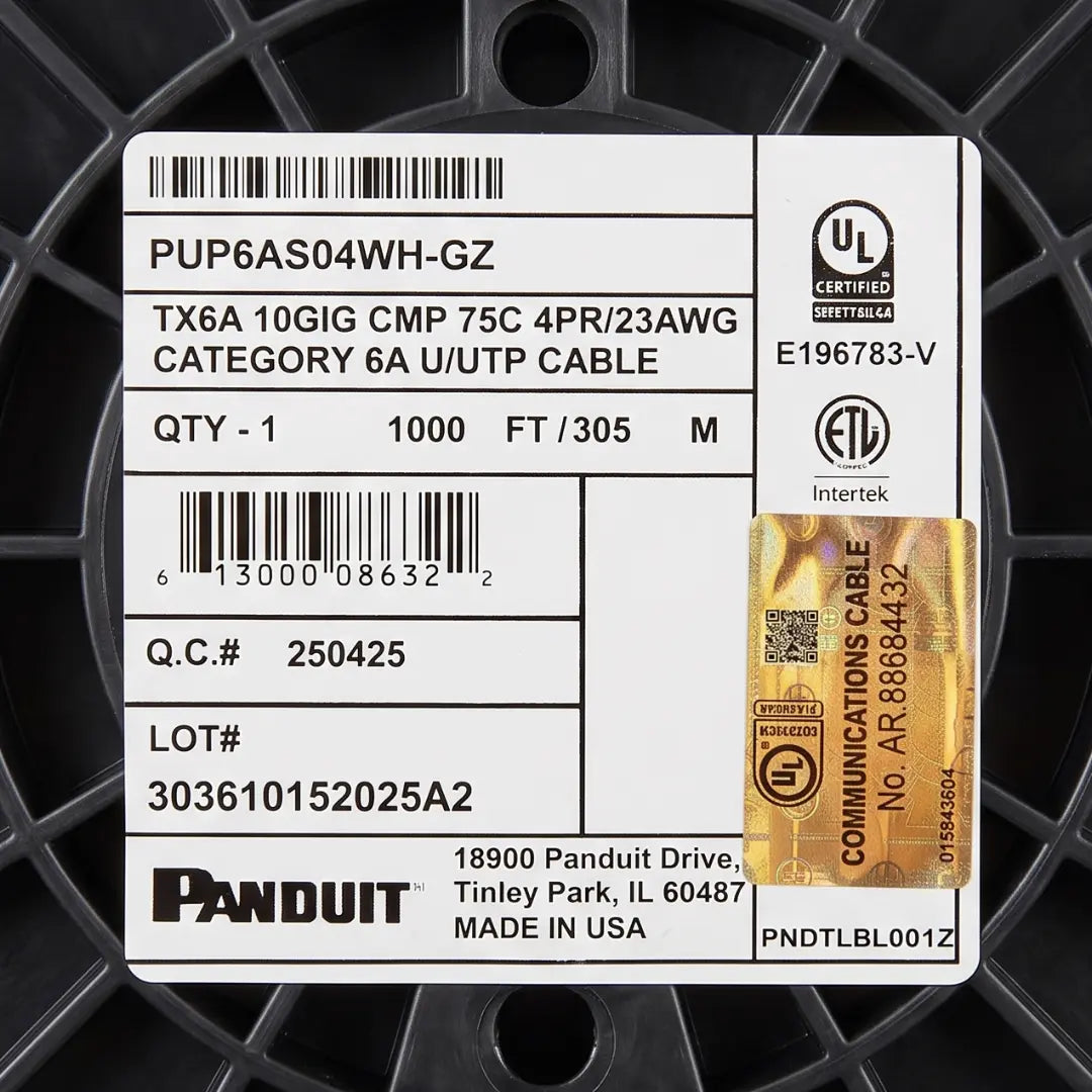 Panduit Cat6A Plenum PUP6AS04WH-GZ UTP 23AWG TX6A CMP 4-pair 1000ft Solid Copper Ethernet Cable