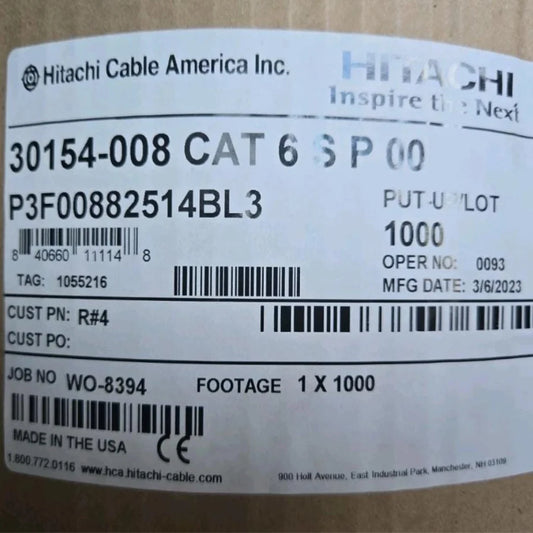 Proterial Hitachi 630154-008 Cat6 Plenum 23AWG F/UTP 1000ft Blue Ethernet Cable