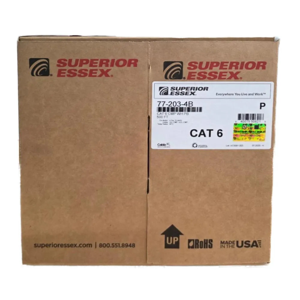 Superior Essex 77-203-4B Cat6 Plenum UTP 23AWG UL Listed 500ft White Ethernet Cable