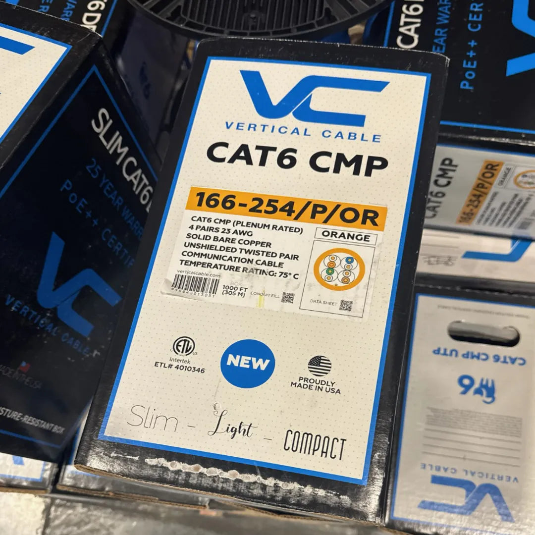 Vertical Cable | 166-254/P/OR CAT6 Plenum Orange 1000ft 550MHz USA Made Ethernet Cable