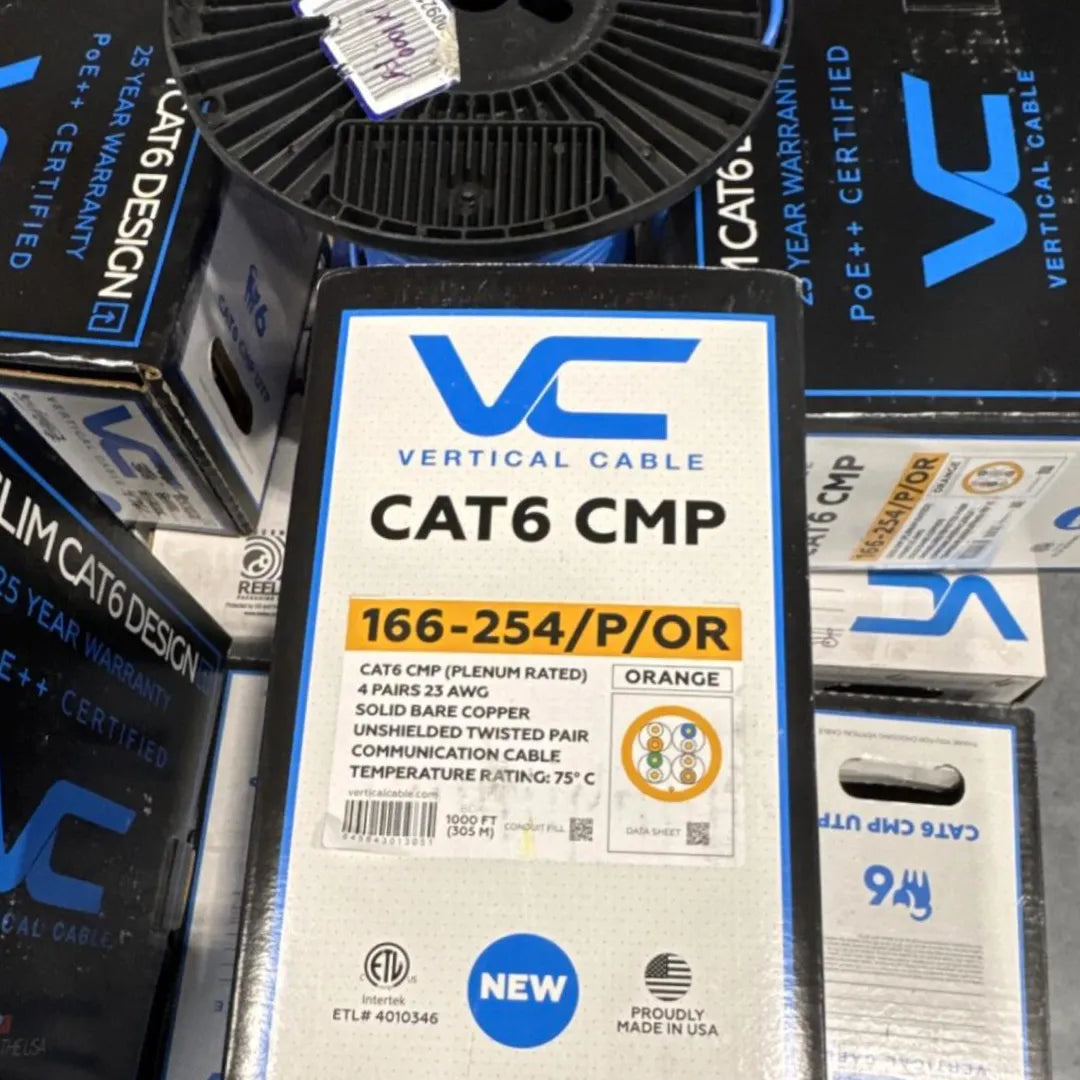 Vertical Cable | 166-254/P/OR CAT6 Plenum Orange 1000ft 550MHz USA Made Ethernet Cable