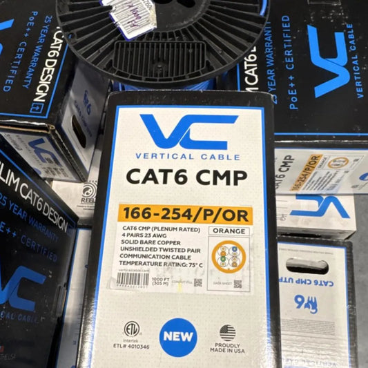 Vertical Cable | 166-254/P/OR CAT6 Plenum Orange 1000ft 550MHz USA Made Ethernet Cable