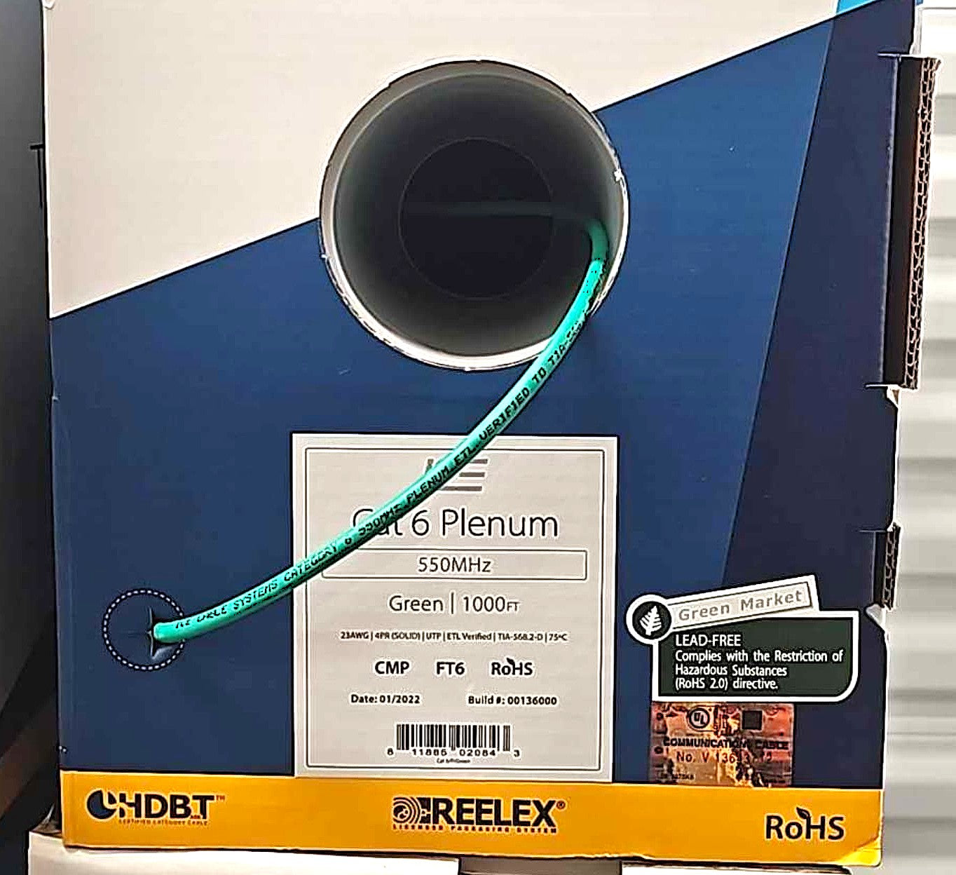 Cat 6 Riser 1000ft Plenum Blue Solid Cat6a Cable, CMP, 23 AWG, Spool ...