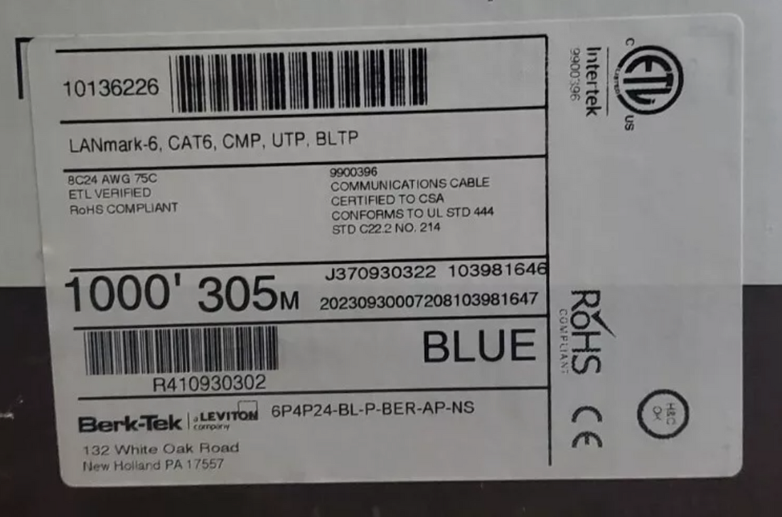 BERKTEK 10136226 LANmark6 CAT6 Plenum 1000ft UTP Cable Bo