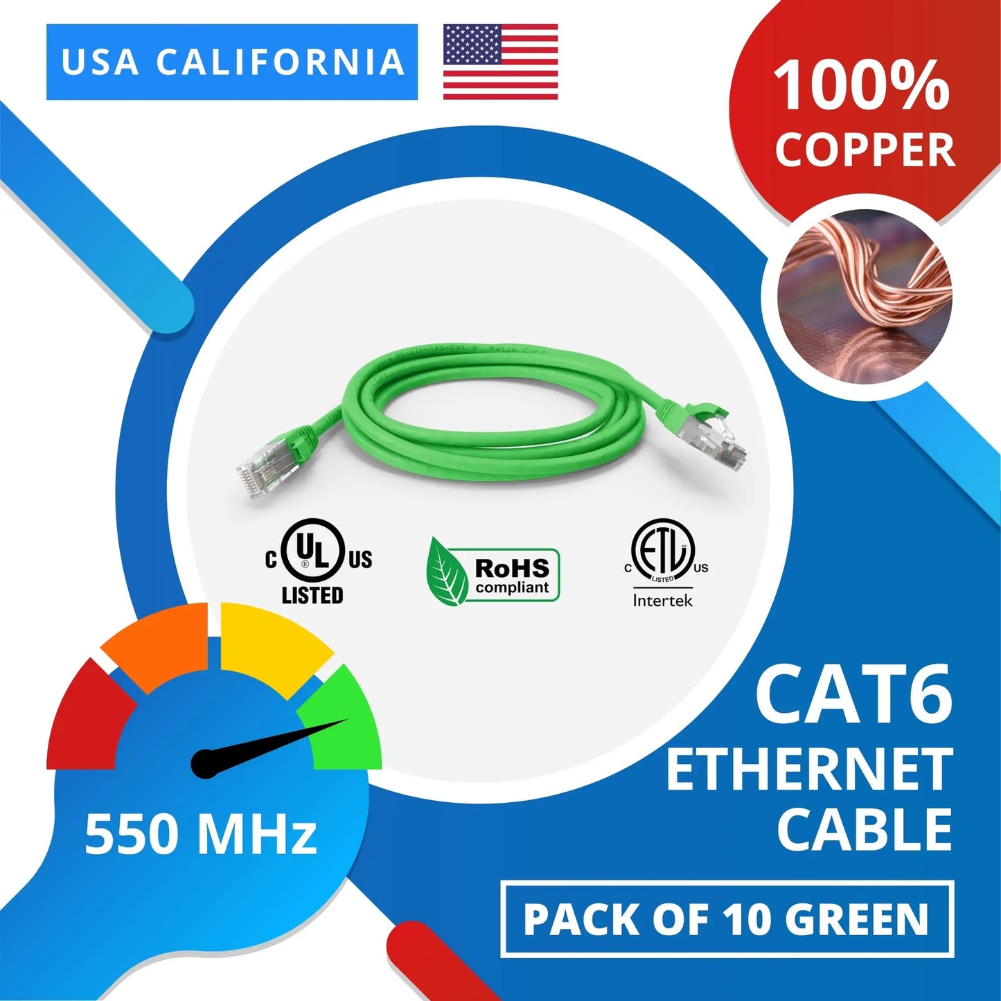 Green Cat6 Cord, Booted Ethernet Cable