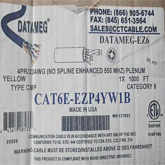 Cat6E Plenum CCTCable EZP4YWIB 550MHz No Spline UTP 23AWG 1000ft ETL Certified Solid Copper Yellow Ethernet Cable