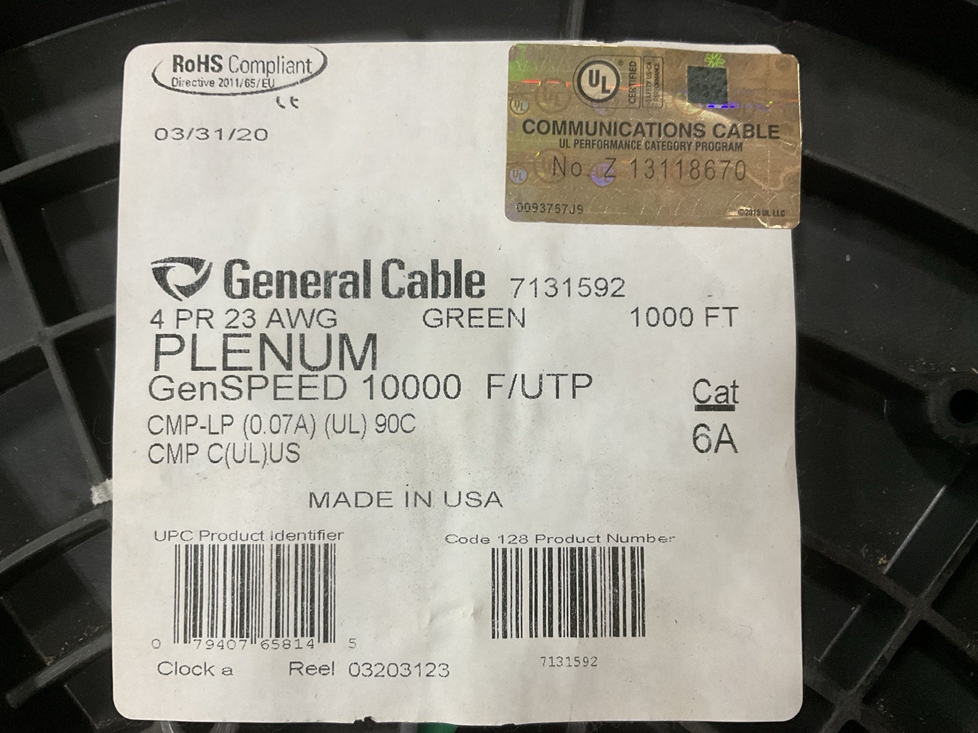 Cat6A Plenum GenSPEED 6A F/UTP USA Made 23AWG 1000ft Ethernet Cable